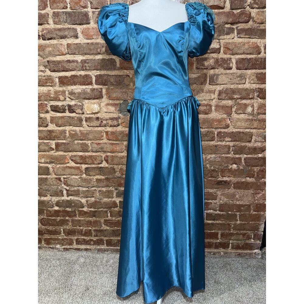 Totally 80’s VTG Puff Sleeve Rear Bow Dress Glam Regencycore Turquoise Sz 10 EUC